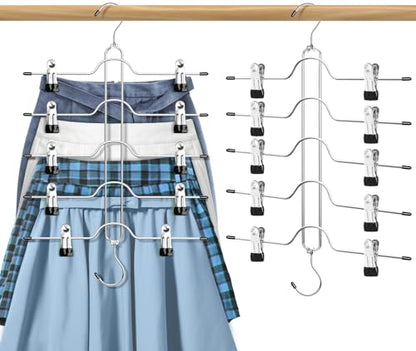 Skirt Hangers with Clips 5 Tier Pants Hangers Space Saving 2 Pack | Rustproof Metal Hangers, Multi Shorts Hanger with Adjustable Clips, Closet Organizer and Storage for Jeans Leggings Shorts