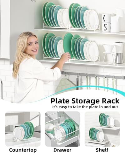 Plate Organizer for Cabinet (2-Pack),Kitchen Dish Rack Organizer for Cabinet Countertop Drawer Space Saver，8 Slots Vertical Plate Holder Storage Rack, Housewarming Kitchen Gifts for Women (White)