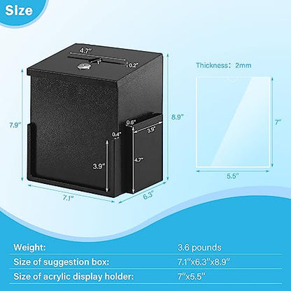 Suggestion Box with Key Lock Acrylic Sign Holder, Metal Donation Ballot Drop Box with Slot Tip Jar for Office, Fundraising, Church, School,8.9''x7.1''x6.3'', Black