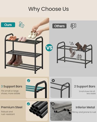 SONGMICS Expandable Shoe Rack, Adjustable Shoe Organizer Storage Shelf, Sturdy and Heavy-Duty, for Closet, Entryway, Living Room, 3-Tier, Ink Black ULMR036BD01