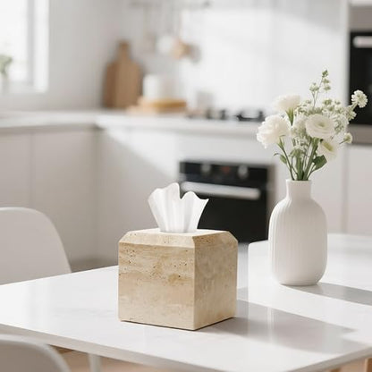 Tissue Box Cover Italy Natural Travertine Stone Heavy Duty Square Facial Toilet Paper Holder for Bathroom Living Room Bedroom Dresser Kitchen Minimalistic Office Home Decor Beige (TBC145WT)