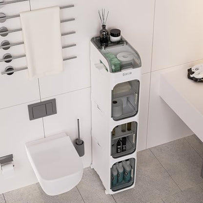 4-Tiers Toilet Paper Storage, Slim Bathroom Organizers and Storage, Bathroom Counter Organizer, Bathroom Organizer Storage Cabinet, Portable Laundry Room Organization, Plastic White Clear Doors