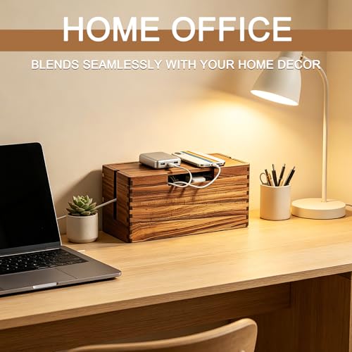 Acacia Wood Cable Management Box, Wooden Cord Hider Organizer for Power Strip, Electrical Hiding, TV Wires, Desk & Floor Cables, Under Desk Cable Organizer for Home Office