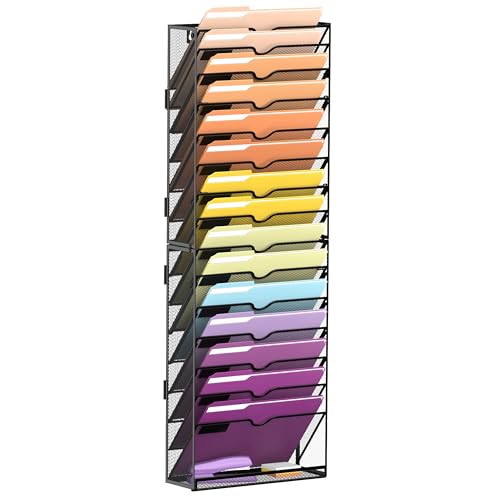 16-Tier Hanging Wall File Holder Organizer for Papers, Folders, Files Clipboard & Magazine Organization Great for Office Home, Assembly Needed, Black | Paper, Folder, Magazine Rack Great for Office Home School, Assembly Needed, Black