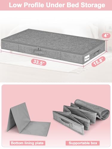4-In Low Profile Under Bed Storage, Rigid Structure, 2 Pack, Gray | Below 4 Inch Low Space Storage, Rigid Sides & Bottom, Reinforced Handles, Foldable Design, for Couches, Cribs, Dorm Beds