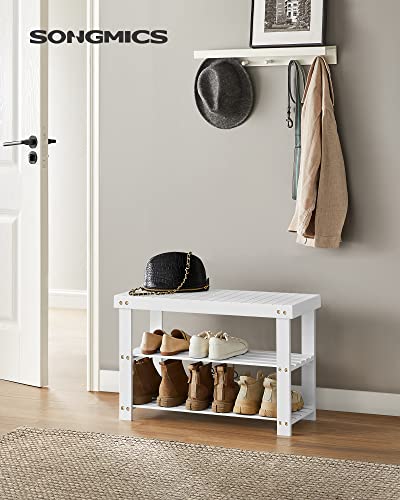 SONGMICS Shoe Rack Bench, 3-Tier Bamboo Shoe Storage Organizer, Entryway Bench, Holds Up to 286 lb, 11.3 x 27.6 x 17.8 Inches, for Entryway Bathroom Bedroom, Cloud White ULBS004W01