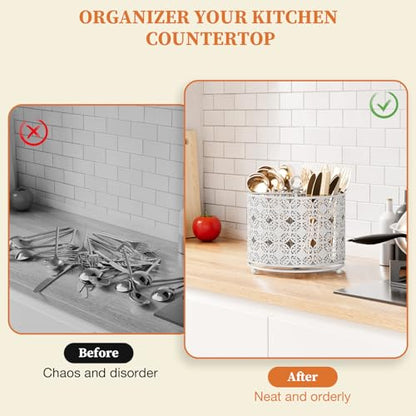 Rotating Utensil Caddy Holder - Higher Raised Cutl... (White | Metal)