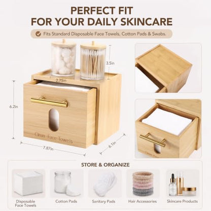 Bamboo Face Towel Holder Set with 2 Cotton Jars & 60 XL Disposable Wipes | Space-Saving Vanity Organizer Box with Dust-Proof Dispensing Drawer for Facial Towelettes & Wipes, Ideal Skincare Gift