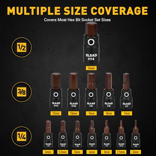 16-Piece Metric Hex Bit Socket Set - Premium S2 Steel 2mm-14mm Allen Socket Set with Socket Adapters, 1/4”, 3/8” and 1/2” Drive | Professional Mechanic Garage Tools