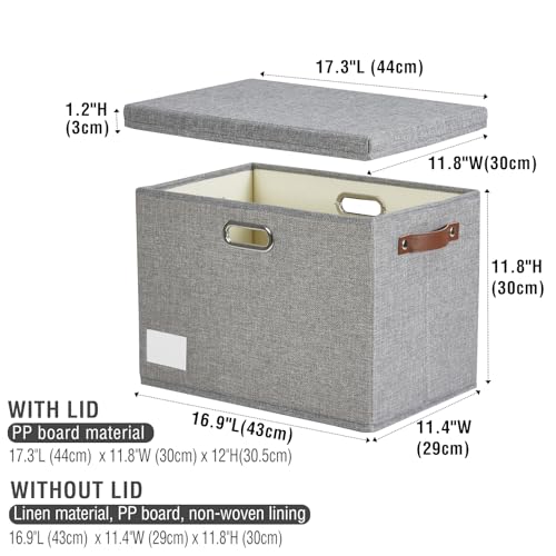 17" Large Collapsible Storage Bins with Lids, Stackable Closet Organizers with PU Handle and Labels, 3-Pack Decorative Fabric Storage Boxes for Home, Bedroom, Closet, Office, Nursery(Gray)