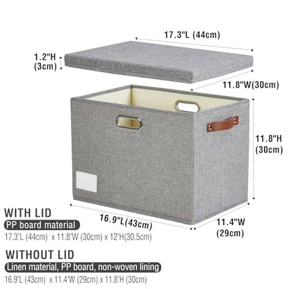 17" Large Collapsible Storage Bins with Lids, Stackable Closet Organizers with PU Handle and Labels, 3-Pack Decorative Fabric Storage Boxes for Home, Bedroom, Closet, Office, Nursery(Gray)