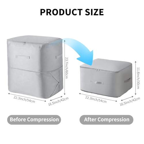 Large Self-Compression Cube for Comforters & Clothes (2-Pack, 11x6.3x1.2in) | nylon,grey,thin compress,1-hand fold,holds 2 comforters,reinforced seam,smooth zip,dust/moisture proof,side handle,wipe-clean