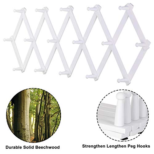Accordian Wall Hanger: 16” High Wooden Wall Expandable Coat Rack, Hat Rack Holder, Accordion Hook for Baseball Caps, Coats, Mugs, 16 Peg Hooks, White