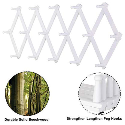 Accordian Wall Hanger: 16” High Wooden Wall Expandable Coat Rack, Hat Rack Holder, Accordion Hook for Baseball Caps, Coats, Mugs, 16 Peg Hooks, White