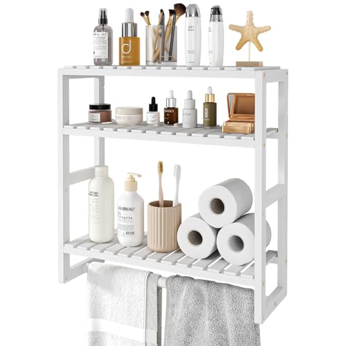 Galood Over The Toilet Storage Bathroom Shelves Wall Mounted 3 Tier White | Space Saver Corner Shelf Organizer Bamboo Towel Rack Toilet Paper Cabinet with Hanging Rod