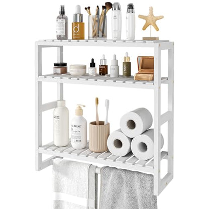 Galood Over The Toilet Storage Bathroom Shelves Wall Mounted 3 Tier White | Space Saver Corner Shelf Organizer Bamboo Towel Rack Toilet Paper Cabinet with Hanging Rod
