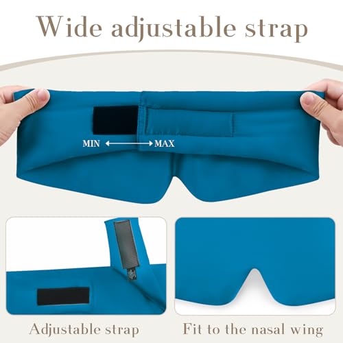 100% Mulberry Silk Sleep Mask Eye Mask for Women Man with Adjustable Band, for Side Sleeper Blackout Sleep Mask for Travel Rest and Office Large Size (Blue)