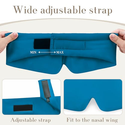 100% Mulberry Silk Sleep Mask Eye Mask for Women Man with Adjustable Band, for Side Sleeper Blackout Sleep Mask for Travel Rest and Office Large Size (Blue)