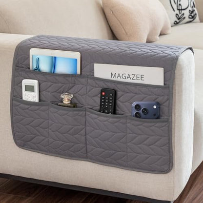 Remote Control Holder for Armchair, Couch Caddy Organizer TV Remote Holder for Recliner Couch With 6 Pockets, Non-Slip Arm Chair Caddy Bedside Table Organizer for Magazine, Tablet, Phone, iPad (Grey)