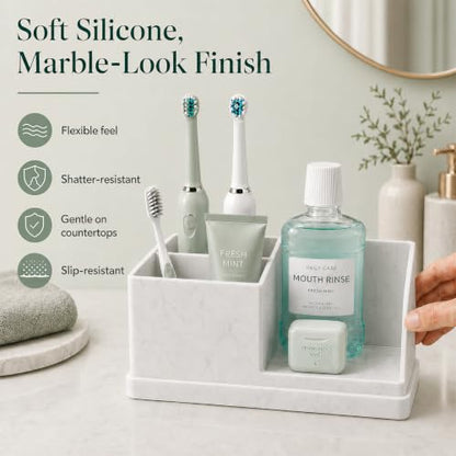 Silicone Bathroom Counter Organizer, Toothbrush Holder with Drainage Tray | 4 Slots Bathroom Countertop Storage Organizer Caddy, Toothpaste And Electric Tooth Brush Holder for Sink Vanity, White Marble