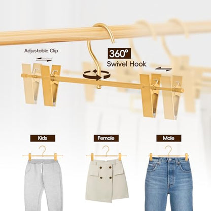 10 Pack Gold Metal Pants Skirt Hangers with Clips & Swivel Hooks | Lightweight Aluminum & Sturdy, Non-Slip Pads for Trouser, Skirts, Jeans, Scarf, Camisoles, Kids & Adults