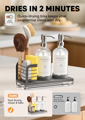 Kitchen Soap Dispenser Set with Drying Tray – 16oz Glass Bottles with Stainless Steel Pumps, Sink Organizer Caddy with Brush Holder & Non-Slip Feet – All-in-One Dish & Hand Soap Station