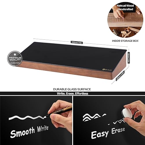 Desktop Black Glass Dry Erase Board with Wood Orga... (Black | Tempered Glass)