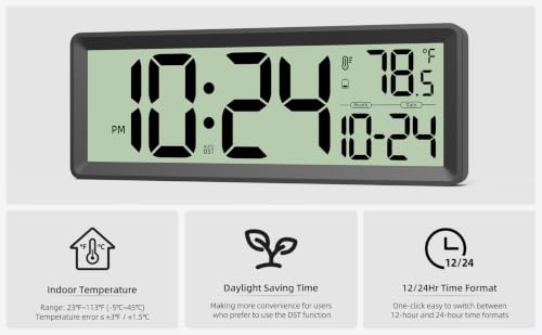 14” Large Digital Wall Clock Battery-Operated with Temperature, Date, DST | Big Digital Clock for kitchen, farmhouse, bedroom, bathroom, classroom, office, living room - Modern, Silent, Easy-to-Read