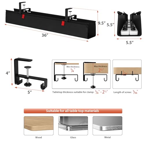 Univivi No Drill Under Desk Cable Management Tray, 36 inch Cable Management | Clamp/Screw Mount Desk Cable Management, Premium Fabric Cable Management Tray, Large Capacity Cord Organizer for Office, Home