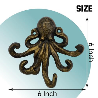 Octopus Cast Iron Wall Hook – Nautical Decorative Key Holder, Coastal Ocean Theme Animal Hook for Entryway, Bathroom, or Bedroom, Heavy Duty Antique Bronze