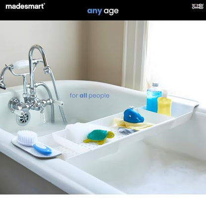 madesmart Expandable Bath Tray, White | adjustable tub fit, drainage holes, soft grip sides, soap razors toys, bathtub caddy, woman owned