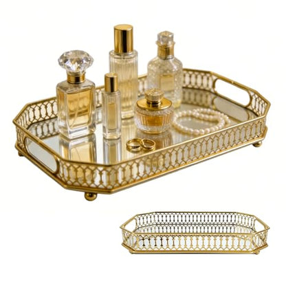 Mirror Tray,11.42×7.09 Inch Decorative Gold Mirror Tray for Home Decor, Vanity Organizer (for Perfumes), Bathroom Countertop Storage & Table Centerpiece