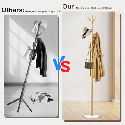 Coat Rack, Metal Freestanding Coat Rack with 8 Hooks, Sturdy Coat Tree with Natural Marble Base for Coats, Hats, Scarves and Handbags for Entryway, Hallway, Bedroom, Office,Dorm (Gold)