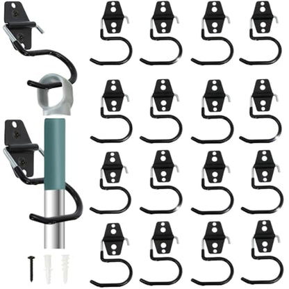 16 Pack Metal Broom Hooks, Heavy Duty Garage Holder Wall Mount, S Type Anti-Slip Mop Rack, Cleaning Tools Holder Storage Organizer Hanger for Shovel Rakes Shed Garden Lawn Yard