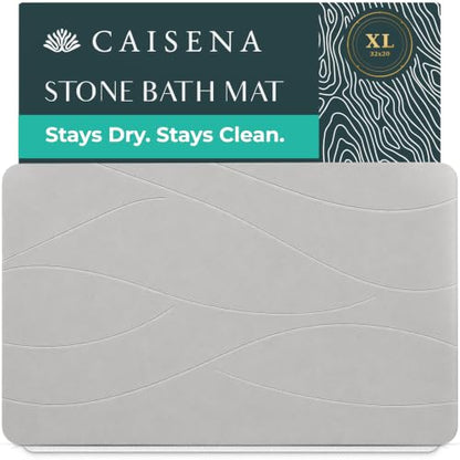 Extra Large Stone Bath Mat 32 x 20 Inch | Quick Dry Diatomaceous Earth Bath Mat | Includes Anti Slip Pad & Restoration Kit - A Quick Dry Bath Mat & Cleaner Alternative to Fabric | Light Gray XL