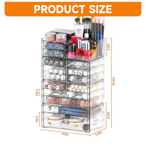 Cq acrylic Clear Make up Organizers for Vanity,Skincare Organizer With 13 Drawers for Dresser,Plastic Cute Desk Accessories Organization and Bathroom Organizers Storage Case Box for Beauty,Skin Care
