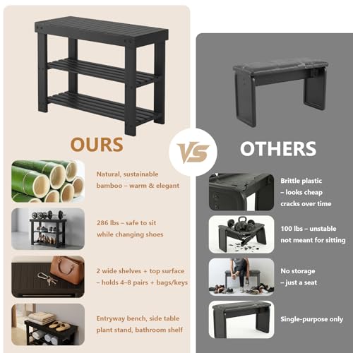 Sweetcrispy 3-Tier Shoe Rack Bench for Entryway, 27 Inches, Black | Bamboo Shoe Storage Bench, Shoes Rack for Entrance, Bedroom, Living Room, Balcony, 6 Pairs, 286lb Capacity