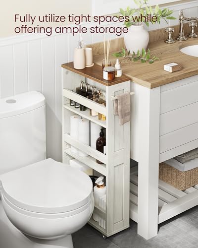 VASAGLE 4-Tier Slide-Out Storage Cart, Slim Kitchen Cart for Small Spaces, with Wheels, Handle, Bathroom, Laundry Room, 5.9 x 17 x 34.1 Inches, Rustic White and Honey Brown ULRC050K01