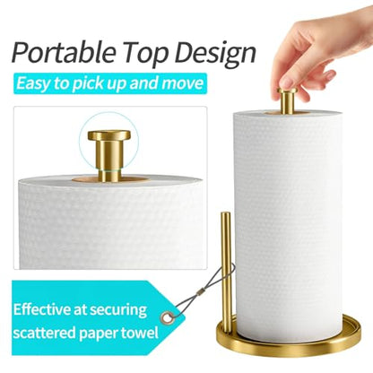 Paper Towel Holder Countertop, Standing Paper Roll Holder with Anti Slip Weighted Base, Stainless Steel Freestanding Paper Towel Holder for Kitchen, Gold