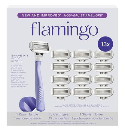 Flamingo Razors for Women, 1 Women's Razor Handle (Lilac), 13 Razor Five-Blade Refills, and 1 Shower Holder