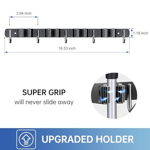 2 Pack Mop Broom Holder Wall Mount 4 Racks 5 Hooks Storage Black | 304 Rustproof Stainless Steel Broom Hanger, Non-Slip Wall Mount Organizer, Space Saving For Kitchen, Laundry, Garden