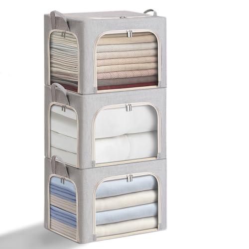 combocube 3-Side Zippered Openings Clothes Storage Bins with Thick Metal Frame, Stackable & Foldable Clothing Storage Bins with Lid, Linen Fabric Closet Storage Box with Large Clear Window, 3 Pack