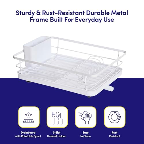 Dish Drying Rack 3 Piece Dish Drainer with Drainboard Set for Kitchen Counter – Dish Rack with Removable Utensil Holder & Swivel Spout for Countertop – DishRack for Plates, Cups & More, White