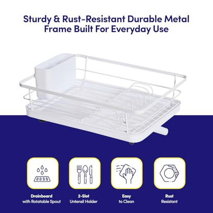 Dish Drying Rack 3 Piece Dish Drainer with Drainboard Set for Kitchen Counter – Dish Rack with Removable Utensil Holder & Swivel Spout for Countertop – DishRack for Plates, Cups & More, White