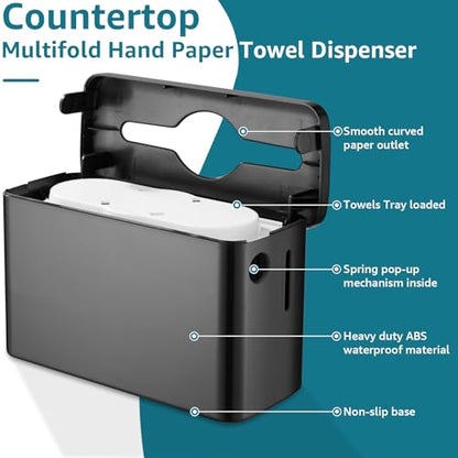 Multifold Paper Towel Dispenser Countertop Compact Design for Kitchen Black | Compatible with Marathon Folded Paper Towel, Non-Slip Base for Bathroom, Single-Dispenser, Enclosed Push-Button Lid