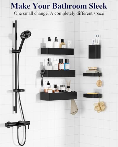Kitsure Large Shower Caddy - Adhesive 6-Pack Bathroom Shelves, Black | No-Drilling Rustproof Shelves with Soap Holder, Toothbrush Holder, 6 Hooks, Stylish Bathroom Organizers and Storage Solution