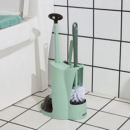 Cq acrylic Toilet Brush and Plunger Set,Green 3 in 1 Bathroom Scrubber Plunger and Angled Toilet Bowl Brush & Scrubber Combo with Holder and Rim Cleaner for Camper,Rv,Apartment,New Home,Set of 1