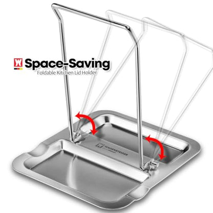 WAGENSTEIGER Foldable Stainless Steel Pot Lid Rest, Ladle Holder, Multifunctional Kitchen Organizer Stand, Easy Storage, Dishcloth Rack, Pan Lid Holder, Cooking Utensil Holder Organizer