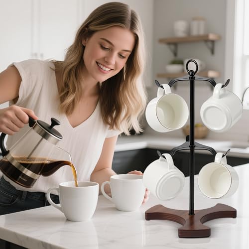 Coffee Mug Tree,Solid Wood Base Y Shape 6 Iron Hooks | Squeeze Free Angled,Space Saving Mug Stand,Effortless Setup,Elegant Decor For Kitchen And Coffee Bar Accessories