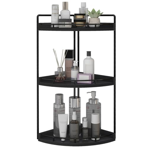 Dorhors Corner Bathroom Organizer Countertop,Vanity Counter Storage Shelf | 3 Tier Black Stand Rack Holder for Kitchen,Dresser,Restroom,Wood Bathroom Sink Tray for Makeup,Perfume,Skincare,Lotion